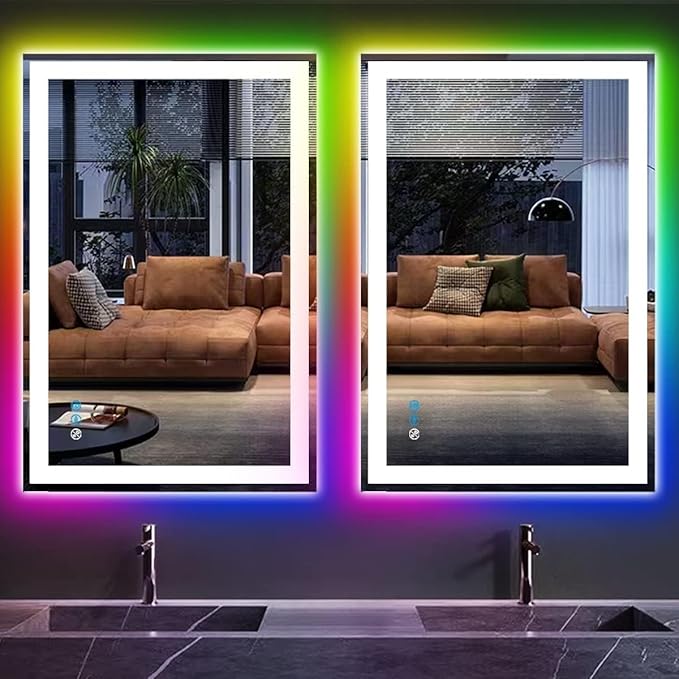 36 x 24 Inch Square LED Bathroom Mirror with Front Lights 3 Color + Rainbow RGB Backlit Light up Mirror for Bathroom Wall Mounted Lighted Vanity Mirror Anti Fog RGB 36x24 Smart Lighted Mirror