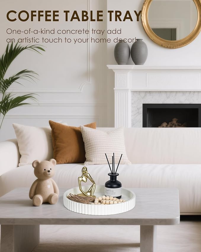 Concrete Coffee Table Tray, 11" Decorative Tray for Home Decor, Sturdy Modern Centerpiece, Round Serving Tray with Fluted Edge, White