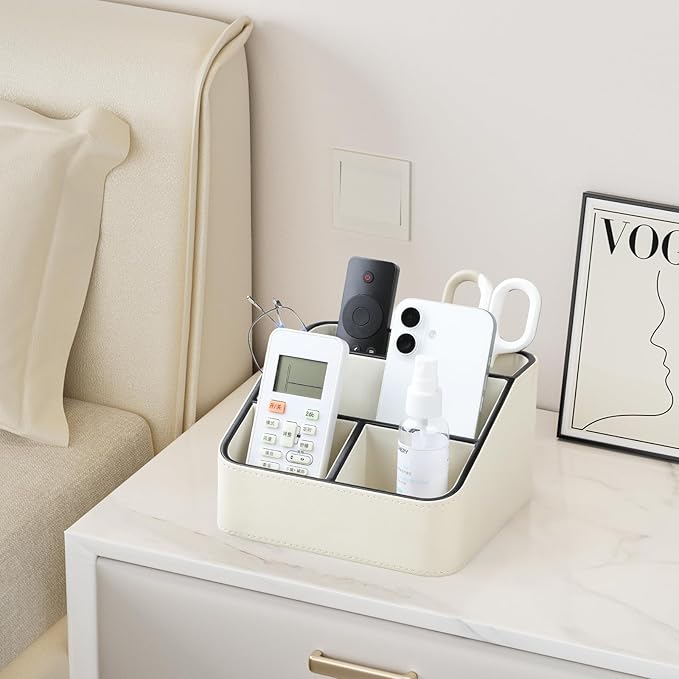 Remote Control Holder, PU Leather Small Desk Organizer with 4 Compartments, Nightstand Organizer Desk Caddy for Remote, Notepad, Phone, Glasses, and Accessories (Cream)