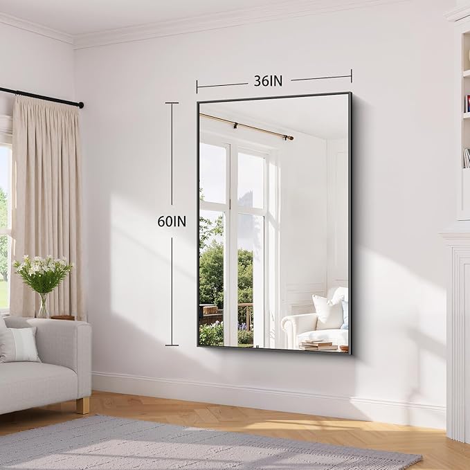 Koonmi Black Framed Bathroom Mirror - Shatterproof 36"x60" Tempered Glass, HD No Distortion, Horizontal/Vertical Mount, Modern Matte Aluminum Alloy Frame
