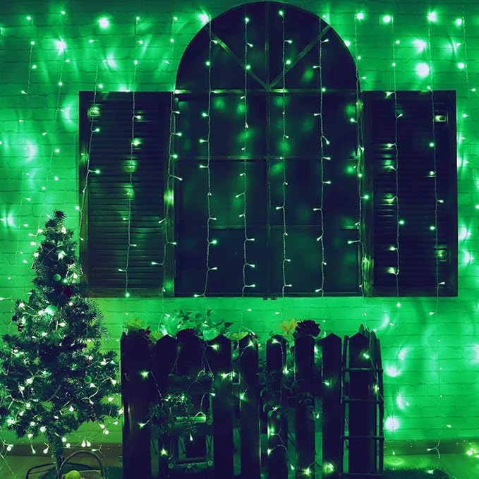 HEYFUNi 9.8 x 9.8ft Green Curtain Lights - 304 LED Hanging Fairy Lights for St. Patrick’s Day Decorations, 8 Modes Waterproof Window String Lights with Memory, Green Backdrop for Party Bedroom Wall