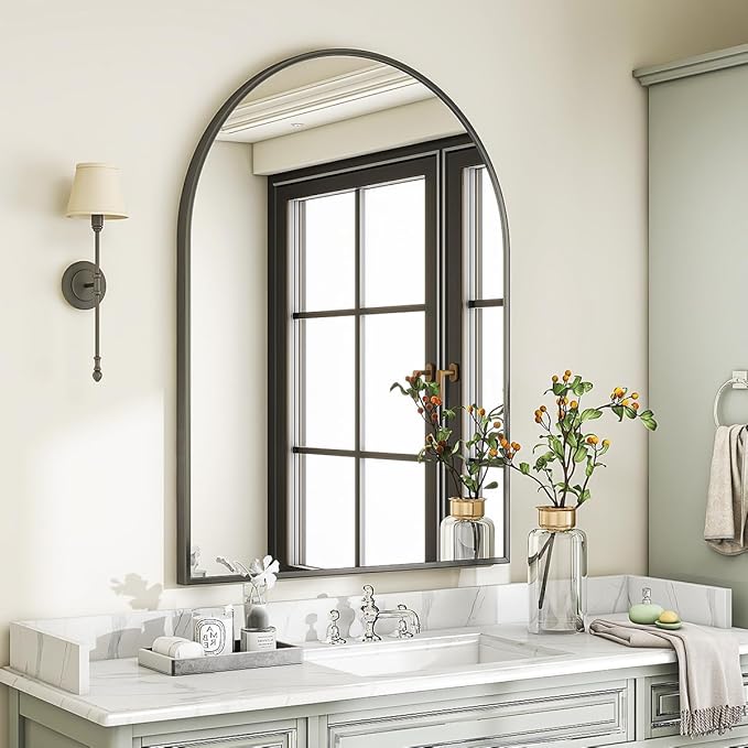 VooBang Arched Wall Mirror, 30 x 38 inch Arch Bathroom Mirror, Wall Mounted Vanity Mirror with Arch Metal Frame, Modern Bathroom Vanity Mirror for Bedroom, Living Room, Hanging or Leaning, Black