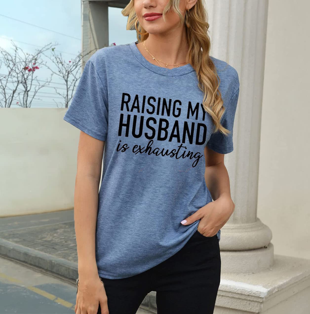 Raising My Husband is Exhausting Funny Wife Life Shirt Women's Funny Saying Letter Print Graphic Tee Athletic Casual Cotton Short Sleeve Tshirt Cute Mom Tops(Blue,L)