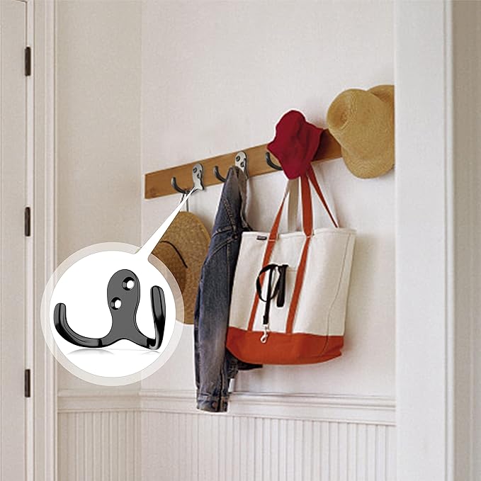 12 Heavy Duty Double Prong Coat Hooks | Wall Hooks with 24 Screws for Kitchen, Grocery Room, Bedroom