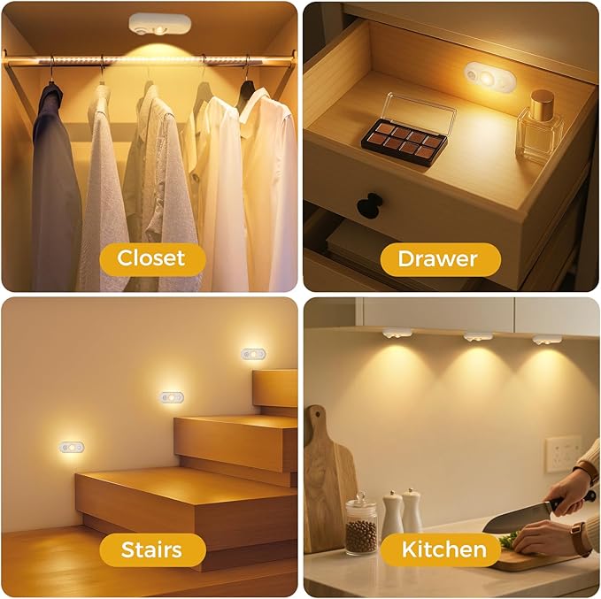 LED Motion Sensor Puck Lights, Small Rechargeable Under Cabinet Light, Dimmable Warm White Closet Lights, Wireless Under Cabinet Lighting for Drawer, Kitchen (4 Pack, White)