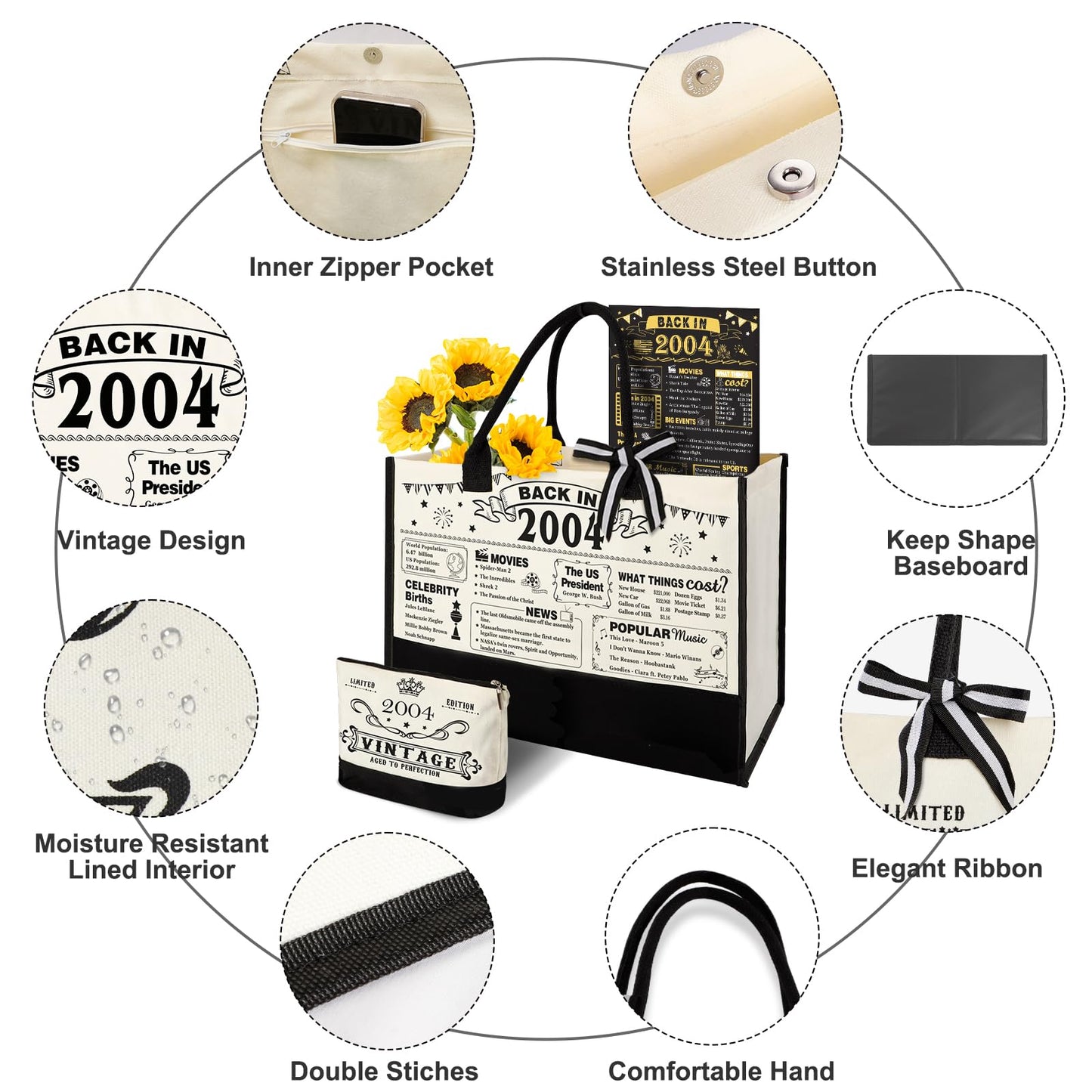 21st Birthday Gifts for Her Canvas Tote Bag Travel Gear, Unique 21 Years Old Birthday Gifts for Girlfriend Sister Friends Women, Vintage 2004 Handbag & Cosmetic Bag & Back in 2004 Poster