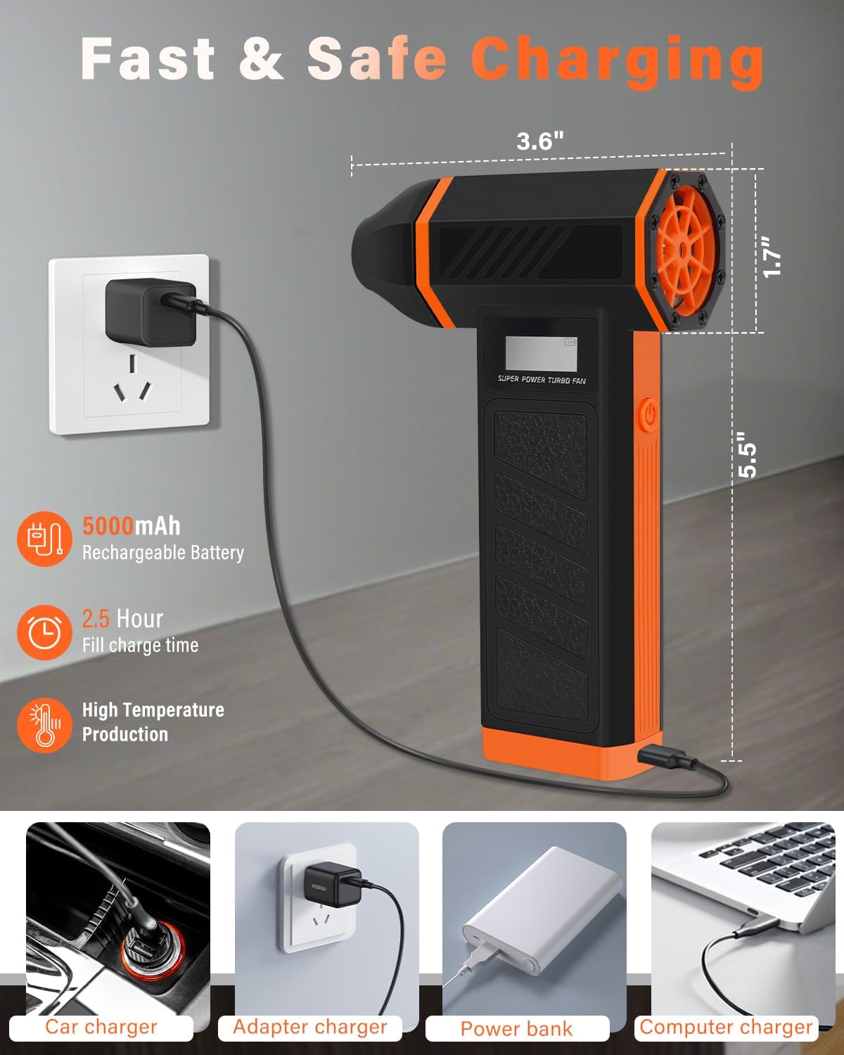 Compressed Air Duster-180000RPM Cordless Air Blower with LED Light, 4-Gear Adjustable Mini Jet Dry Blower with 5000mAh Rechargeable Battery for Computer Keyboard, Laptop, Replaces Compressed Air Cans