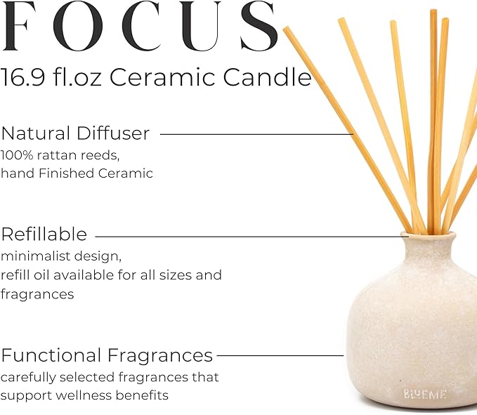 Blueme Focus Diffuser | Eucalyptus & Lime | 16.91 Fl Oz - Refillable Wellness Diffuser, Contains Essential Oil, Sustainable, Hand Finished, Premium, Luxury Ceramic, Natural Rattan Reeds | Large