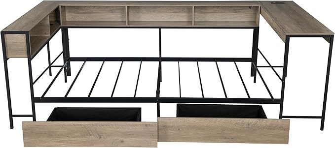 Full Corner Bed Frame with Desk and Storage Bookcase, L- Shaped Daybed with 2 Drawers, LED Lights & 2 Charging Station, Modern Metal Full Size Platform Bed for Kids/Teen Bedroom, Brown