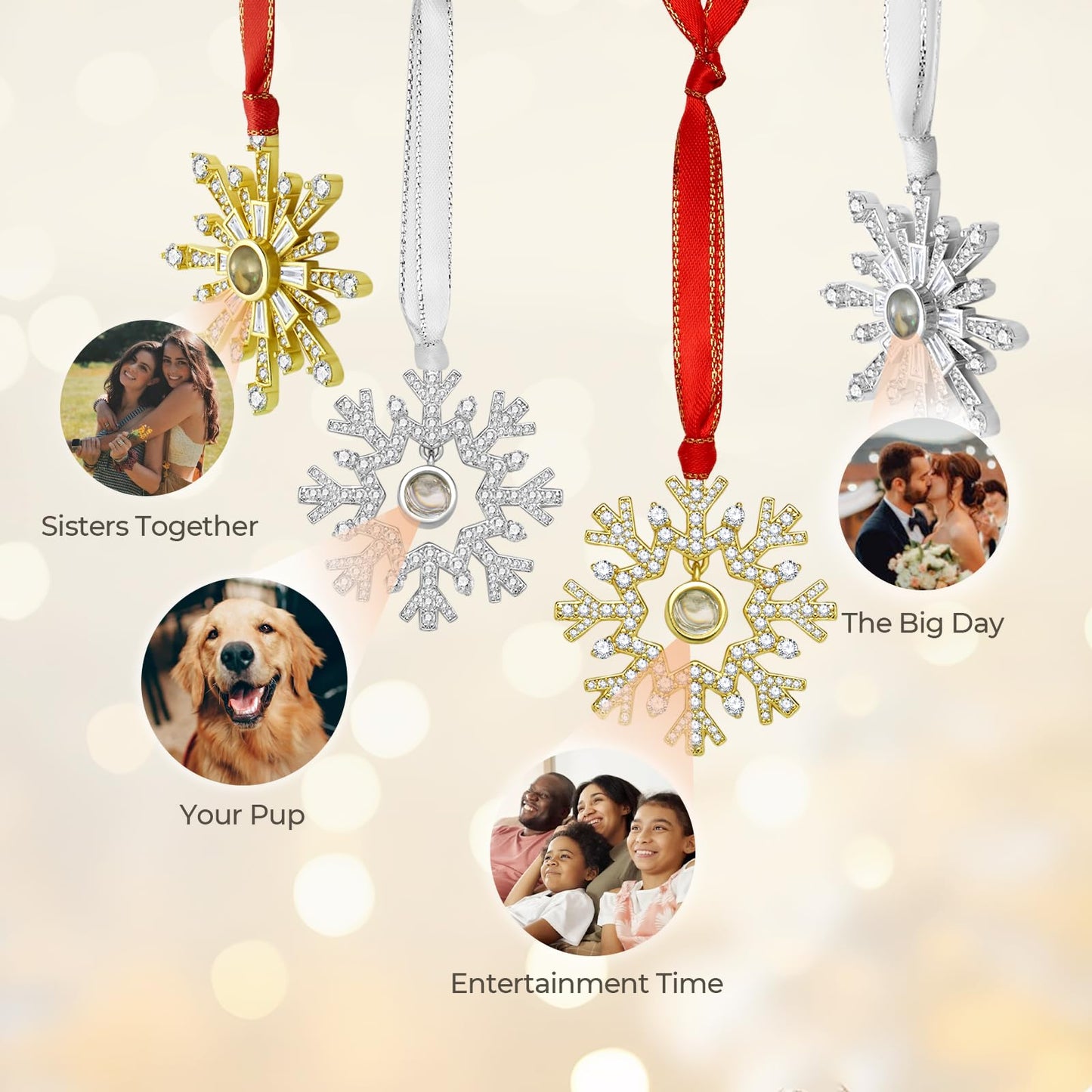 BELELA Silver Custom Snowflake Ornament with Picture Inside Memorial Christmas Tree Ornament Hanging Snowflake Decor DIY Personalized Xmas Gifts