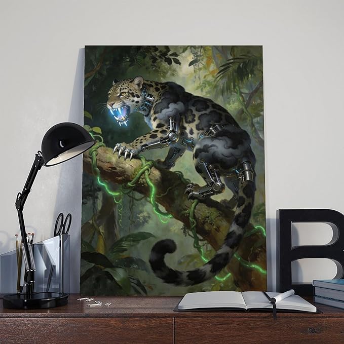 Framed Steampunk Mechanical Leopard Wall Art - Jungle Futuristic Beast Poster for Man Cave Living Room Decor 12x18inch(30x45cm)