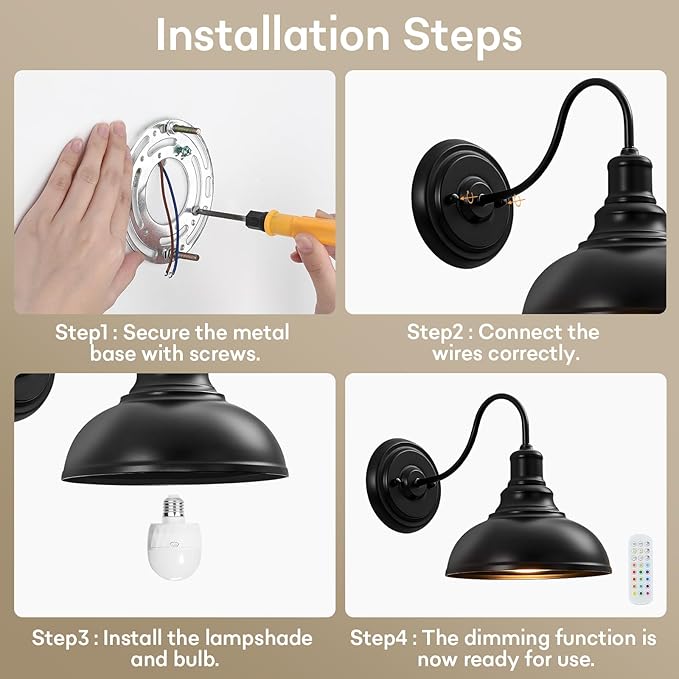 Lightess Black Battery Operated Wall Sconces Set of Two, Vintage Wireless Wall Lights with Rechargeable 12 Colors Bulbs, Dimmable Cordless Gooseneck Wall Decor Lamps with Remote Control