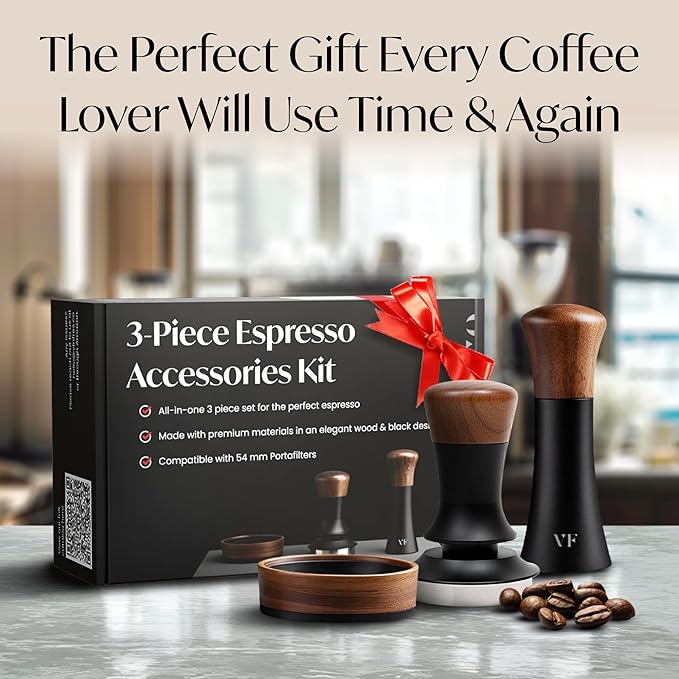 Espresso Accessories Kit for 54mm Portafilter – Premium Matching Barista Tools Set with Durable Aluminum and Real Walnut Wood – Espresso Tamper, WDT Tool and Magnetic Dosing Funnel – Black & Walnut