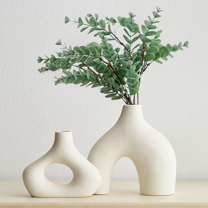 AWNR White Ceramic Vase Set of 2 for Modern Home Decor, Minimalist Round Donut Flowers Vase for Centerpieces Unique Neutral Boho Vase for Living Room Tv Stand Dining Room Dinner Table Decoration