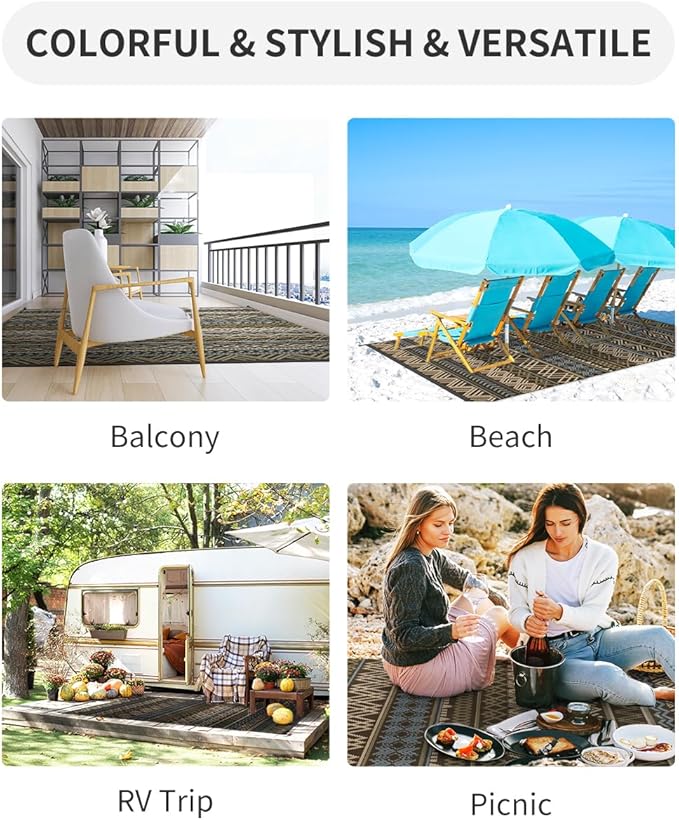 MontVoo Outdoor Rug Carpet Waterproof-Patio Rug Mat 5x8 Reversible RV Camping Rug Picnic Mat Plastic Straw Outside Rug for Balcony Porch Deck Beach-Boho Outdoor Area Rug for Patio Decor Colorful