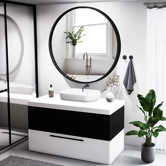 WallBeyond Round Wood Mirror 32 inch Black Circle Wall Mirror for Bathroom Round Wall Mirror for Wall Decor, Vanity, Entryway Living Room
