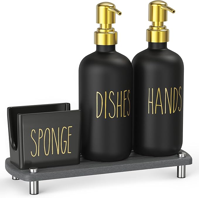 Cisily Kitchen Soap Dispenser Set Comes with Ceramics Sponge Holder, Gold Pumps, and Instant Dry Tray, Hand and Dish Soap Dispenser Set Suitable for Kitchen Decor and Accessories(Black & Gold)