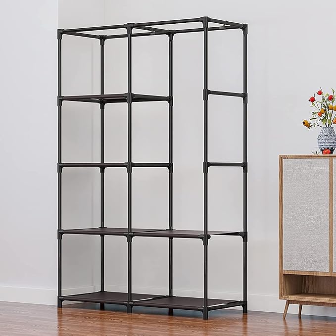 36 Inch Portable Wardrobe Closet Clothes Organizer with Metal Shelves and Dustproof Non-Woven Fabric (Coffee)