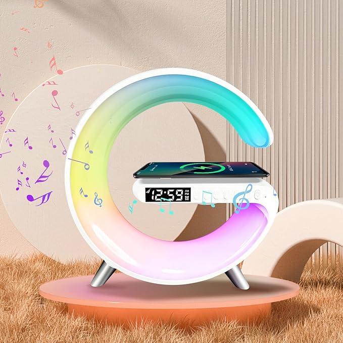 Smart LED Table Lamp,4 in 1 Night Light,Wireless Charger,Alarm Clock and Bluetooth Speaker with App Control Color Changing Lamp for Bedroom, Office, and Home Decor (White)