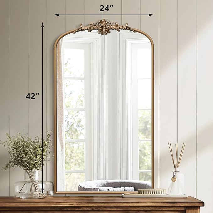 Besdomus Vintage Gold Arched Mirror: 24"x42" Large Arch Gold Antique Wall Mounted Mirror - Traditional Ornate Home Decor for Entryway/Fireplace/Bathroom - Idea for High-Income Homemakers