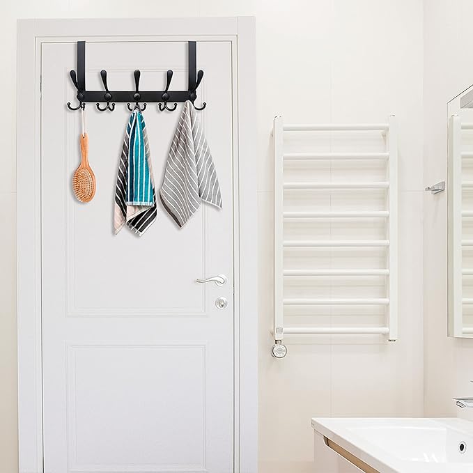 WEBI Over The Door Hook Door Hanger Hook Rack with 5 Tri Hooks for Hanging Coats, Door Towel Rack Door Coat Hanger Over Door Coat Rack for Behind Back of Bathroom,Black,2 Packs