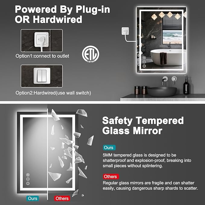 20x28 LED Bathroom Mirror with Lights, Anti Fog Vanity Mirror Wall Mounted, Dimmable Front Light and Backlight, Memory Function Tempered Glass Shatter Proof ETL Listed