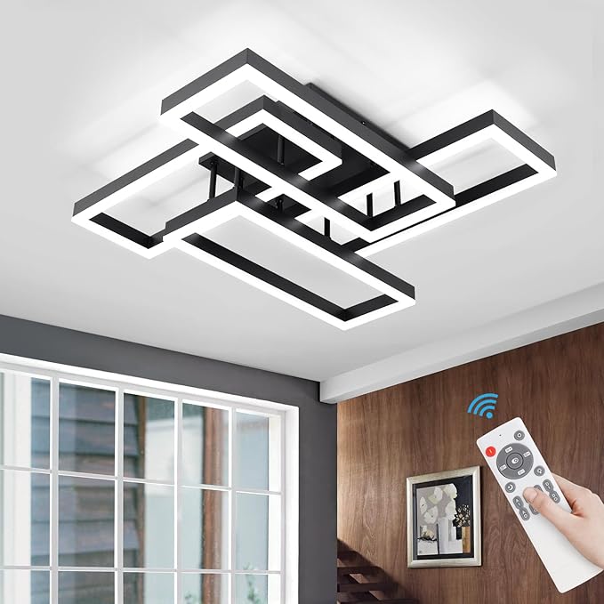Modern Led Ceiling Light for Living Room,Black Flush Mount Ceiling Lights with Remote Control&APP,3000-6500K Dimmable, 54W Acrylic Ceiling Lamp for Bedroom Kitchen Dining Room
