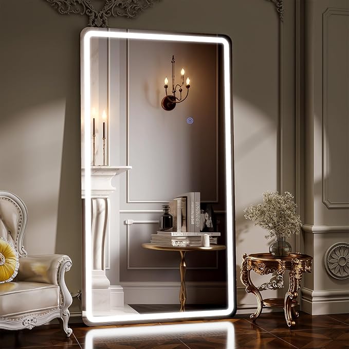 76"x34" LED Full Length Mirror – Standing Floor Mirror with Dimmable Lights 3 Color Modes – Adjustable Brightness, Wall-Mount or Lean for Barber, Fitness Center, Dressing Room, Vanity