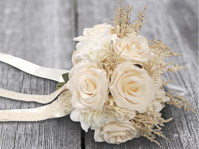Wedding Bouquets for Bride, Champagne White Bridal Bridesmaid Wedding Flowers, Artificial Toss Rose for Civil Ceremony (Hollow Lace Ribbon Handle)