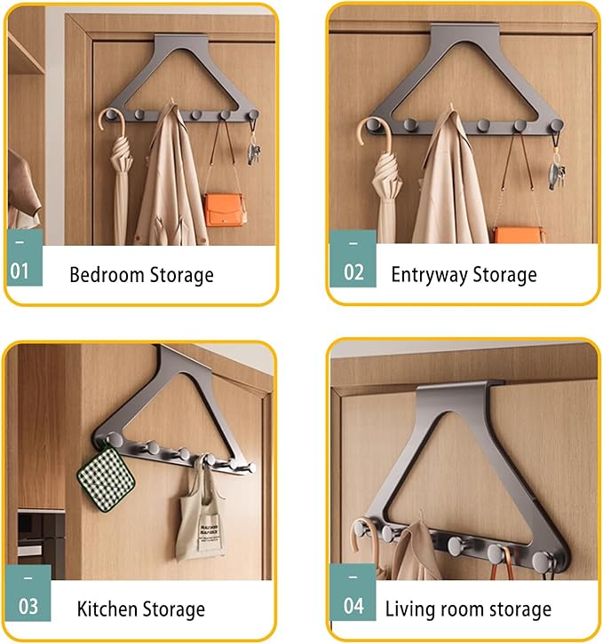 Grey Door Hook Metal Material Integrated Triangle 6 Hooks for Hanging Clothes, Hats, Hangers, Wallets, Towels, Keys on The Door