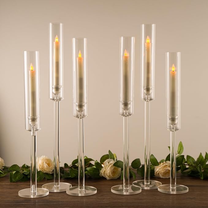 Vincidern 12pcs Taper Candle Holder Acrylic Candlestick Holder Clear Set for Table Centerpiece, Long Candle Stick Candle Stand Cylinder Shade for Halloween, Christmas Wedding Party Dining Room Decor