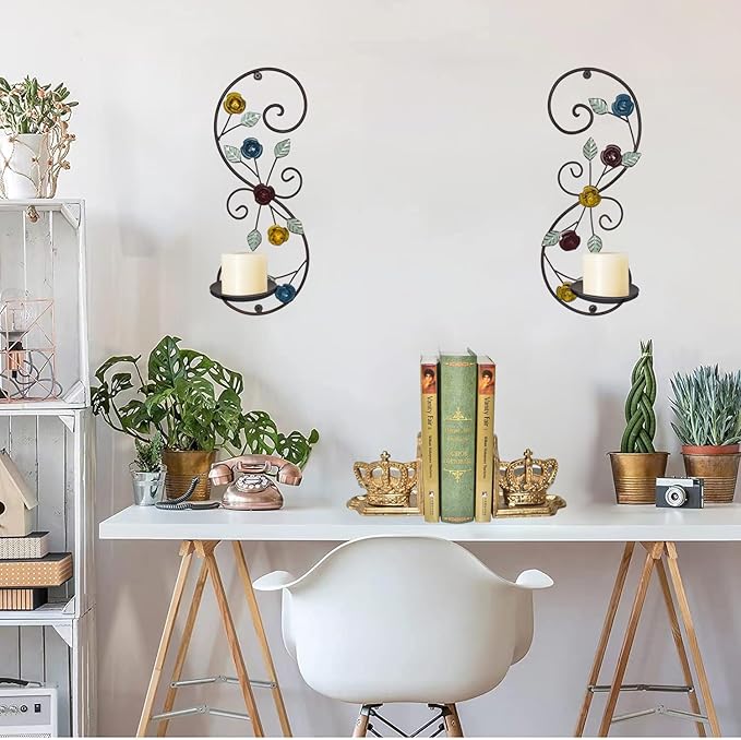 Wall Sconces Candle Holder Set of 2, Antique Multi-Color Leaf Branch Wall Mount Hanging Metal Wall Candle Holder Candle Sconce for Living Room Dining Room