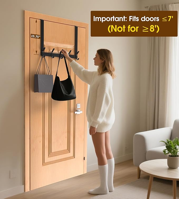 Long Over The Door Hooks Hanger with 15.75" Arms for Easier Access by Shorter, J16U, Perfectly Fits US Standard 1 3/8-inch Doors, Towel Rack Bathroom Organizer Holder, Rustproof, Black