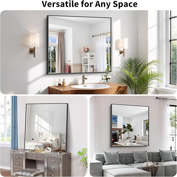 Koonmi Black Framed Bathroom Mirror - Shatterproof 36"x40" Tempered Glass, HD No Distortion, Horizontal/Vertical Mount, Modern Matte Aluminum Alloy Frame