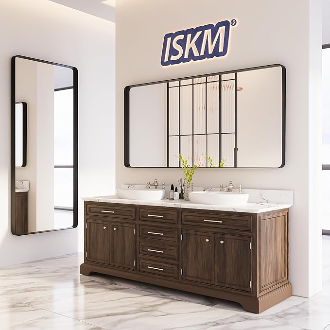 ISKM Black Framed Mirror for Bathroom 55" x 36" Matte Black Bathroom Vanity Mirror Anti-Rust, Tempered Glass, Rounded Rectangle Mirror(Horizontal/Vertical)