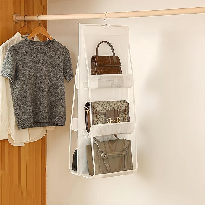 HAN SHENG 6 Pockets Clear Handbag & Purse Organizer Hanging Bag Storage - Space Saving Hanging Shelf for Closet, Wardrobe, Over Door (2 Pack, White)