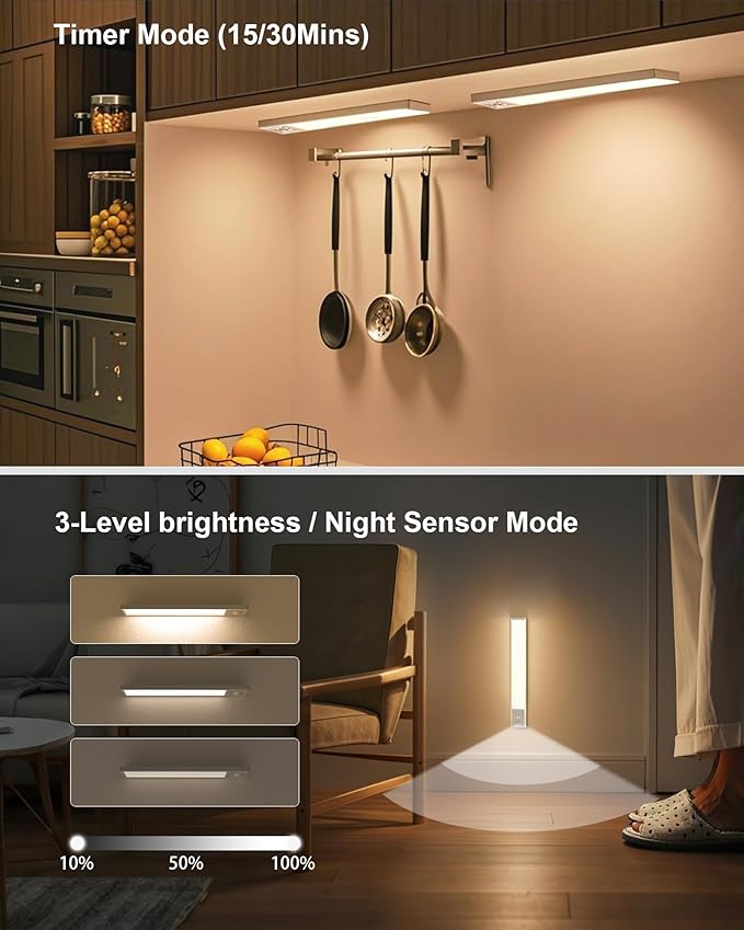 SZOKLED Under Cabinet Lighting Motion Sensor, 111-LED Magnetic Wireless Closet Lights with Timer & Dimmable & 3 Color Temperatures for Kitchen, Counter, Stairs (3 Pack)