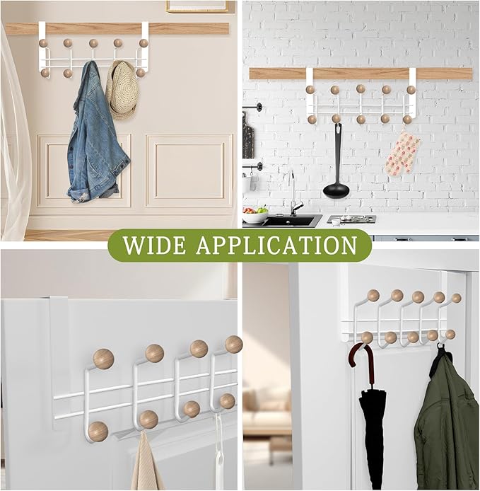 2 Pack Over The Door Hooks(7.1" H) with 10 Wooden Knobs, Over Door Hanger, Heavy Duty No Drill Hanger for Towels, Coats, Hats, Bags in Bathroom, Bedroom, Kitchen, Living Room
