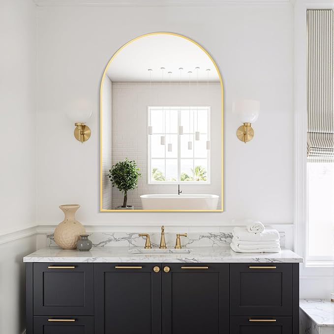 Delma Arched Bathroom Mirror, 26"x38" Wall Mounted Vanity Mirror for Bedroom, Living Room and Entryway, Gold