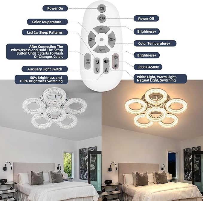 OKELI Modern Ceiling Light, 6 Rings 17.7'' Dimmable LED 60W Flush Mount Ceiling Lights with Remote Acrylic Crystal Round Ceiling Light Fixture, Bedroom Living Room Dining Room, Chrome