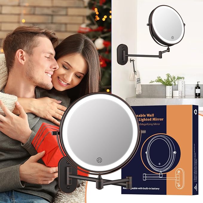 5000mAh Rechargeable Wall Mounted Lighted Makeup Vanity Mirror Double Sided 1X 30X Magnifying Bathroom Mirror, 3 Color Lighting, Touch Dimming, Extended Arm 360 Rotation Light up Mirror Antique Bronze