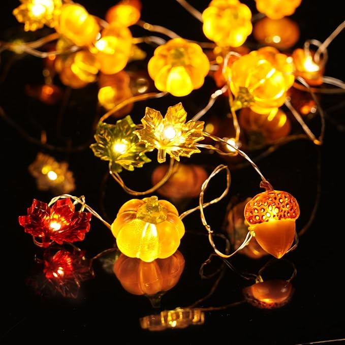 BOHON Thanksgiving Decoration Acorn 3D Pumpkin Maple Leaf String Lights Battery Operated with Remote 10ft 30 LEDs Orange Fall Lights for Home Autumn Garland Harvest Halloween Party Christmas Decor