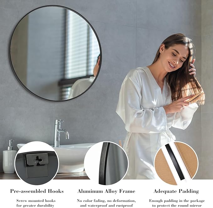 Sweetcrispy Black Round Wall Mirror 30 Inch, Bathroom Mirrors for Over Sink, Wall Decor for Bathroom, Entryway, Bedroom, Vanity