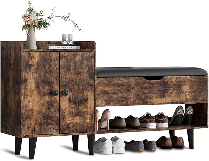 50" Entryway Shoe Bench with Hidden Storage,Shoe Organizer Storage Bench with Shelf and Cabinet Entryway Bench for Bedroom Living Room and Hallway
