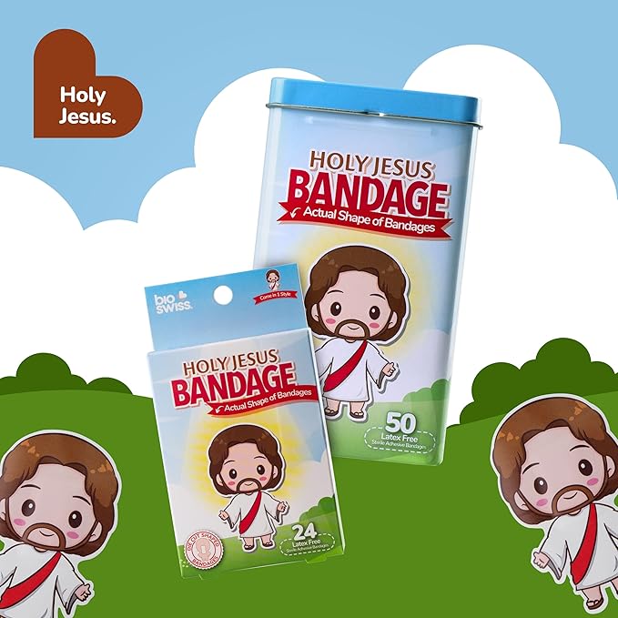 BioSwiss Bandages, Holy Jesus Shaped Self Adhesive Bandage, Latex Free Sterile Wound Care, Fun First Aid Kit Supplies for Kids and Adults, 24 Count