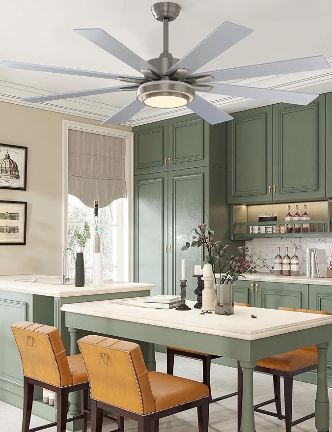warmiplanet 62 Inch Indoor Ceiling Fans with Lights, 6 Speeds Slient Reversible DC Motor, 3 Color Dimmable LED Light, Timer, Nickel, 8 Blades