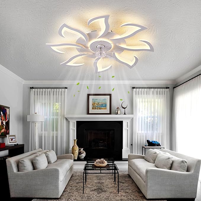 Malnutcolor Modern Low Profile 36 Inch White Flush Mount Ceiling Fan with 3 Light Color 6 Speeds, Fandelier for Living Room