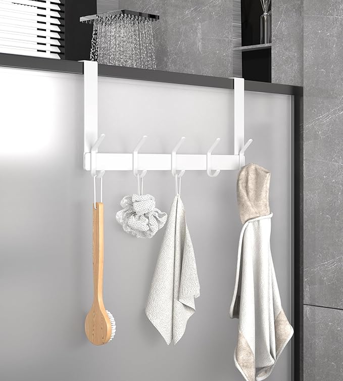 KitchLife Over The Door Hooks Hanger with 7 inches Extended Arms, Fit for 1-3/4" Doors, J18U, Thickened Bathroom Towel Rack Organization, 1 Pack Double-Hook, Glossy White
