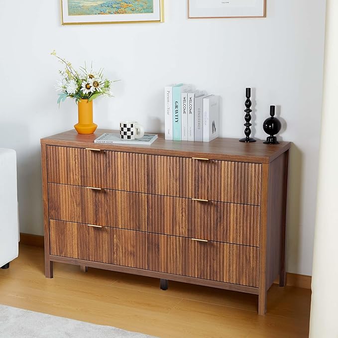 Fluted 6 Drawer Double Dresser for Bedroom, 47" Wide Modern Closet Dressers Chest of Drawers, Wood Storage Dresser Organizer for Nursery Bedroom Living Room Hallway Closet, Walnut
