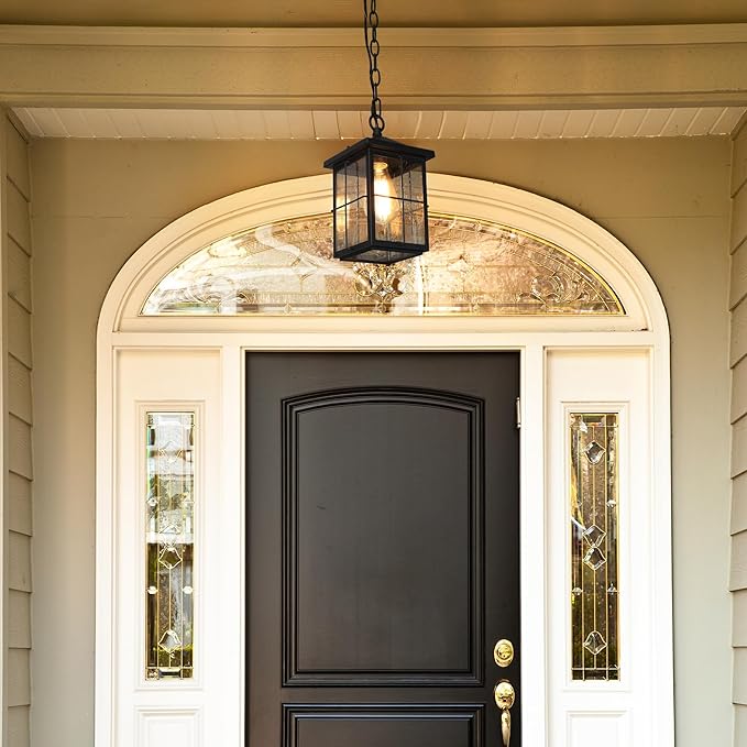classy leaves Outdoor Pendant Light Fixture, Farmhouse Black Anti-Rust Ceiling Outdoor Light with Seeded Glass, Exterior Square Hanging Lantern for Front Door, Entry, Porch, and Gazebo